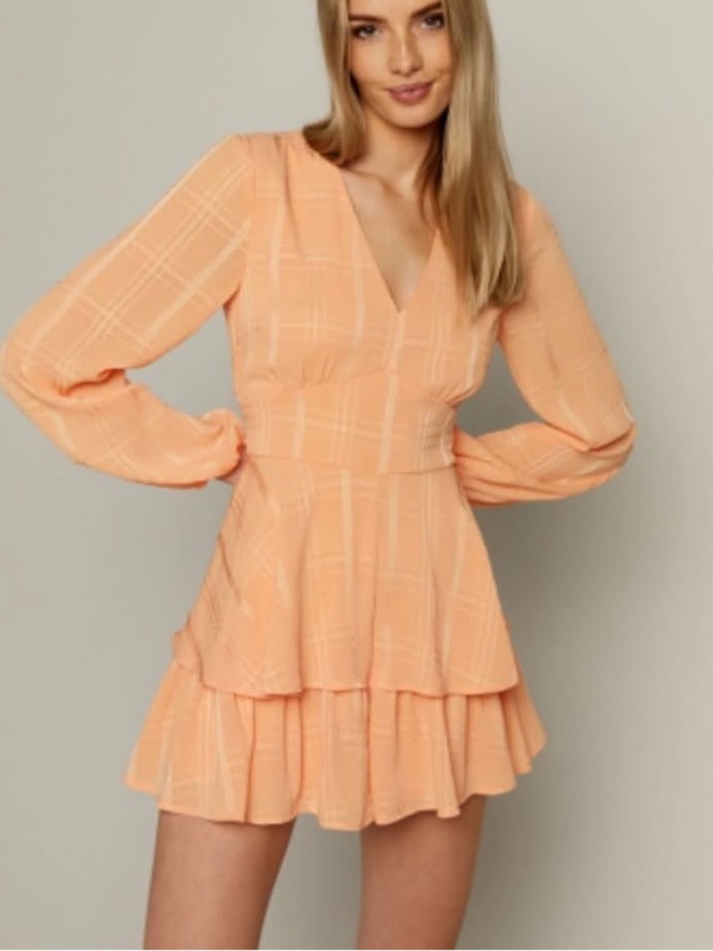 Amisu Peach Plaid V-Neck Tiered Ruffle romper